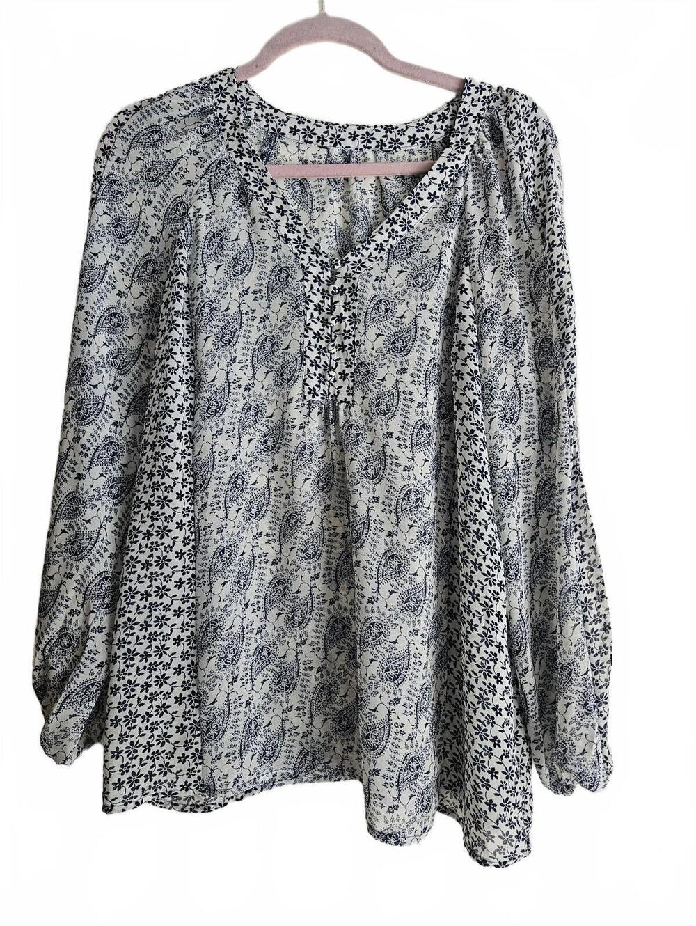 Zac & Rachel Blue & White Boho Paisley Printed Blouse-Medium-Fall Fashion Staple